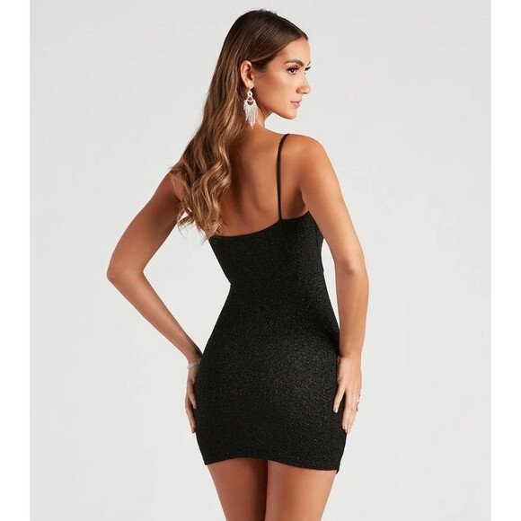 Windsor Black Asymmetrical Mini Dress L Spaghetti Straps Bodycon Rhinestones - Picture 2 of 16